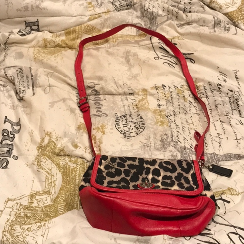 Red leather and leopard print Coach purse